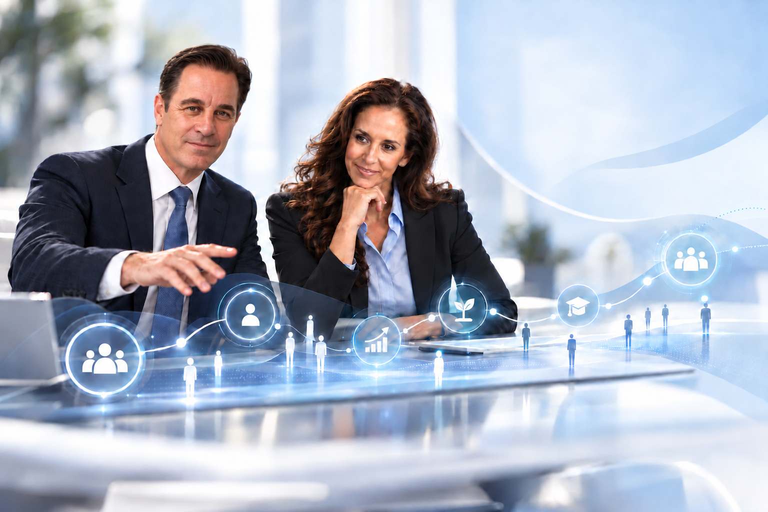 Workforce leaders reviewing an intelligent employee lifecycle visualization